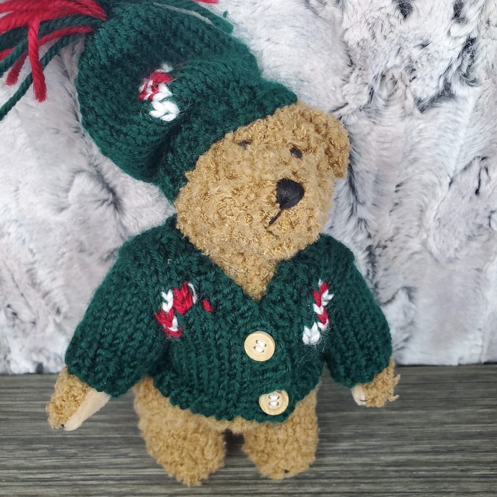 Vtg. Hug Fun 1998 Jointed Fuzzy Brown Teddy Bear With Green Knit Sweater and Hat